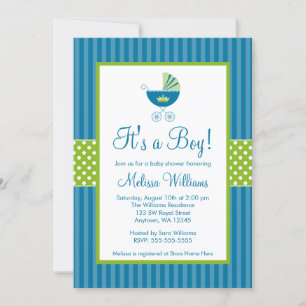Invitation Baby shower à rayures bleues du Prince Carriage