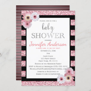 Invitation Baby shower à rayures noir rose