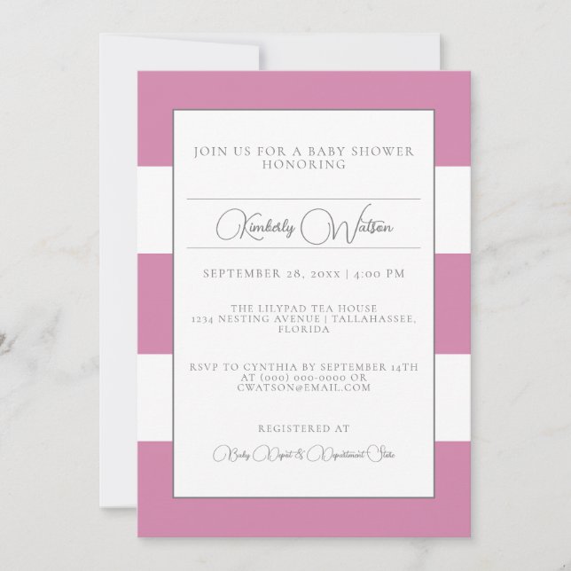 Invitation Baby shower à rayures roses (Devant)