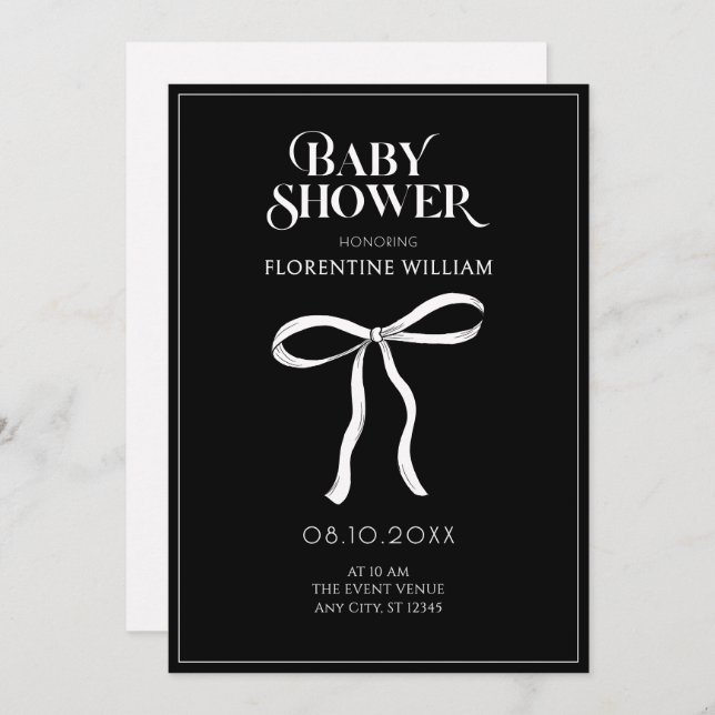 Invitation Baby shower à ruban à arc noir (Devant / Derrière)