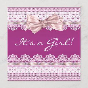 Invitation Baby Shower à ruban en dentelle blanche rose et ro