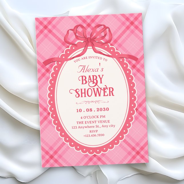 Invitation Baby shower à ruban rose à carreaux (Créateur téléchargé)