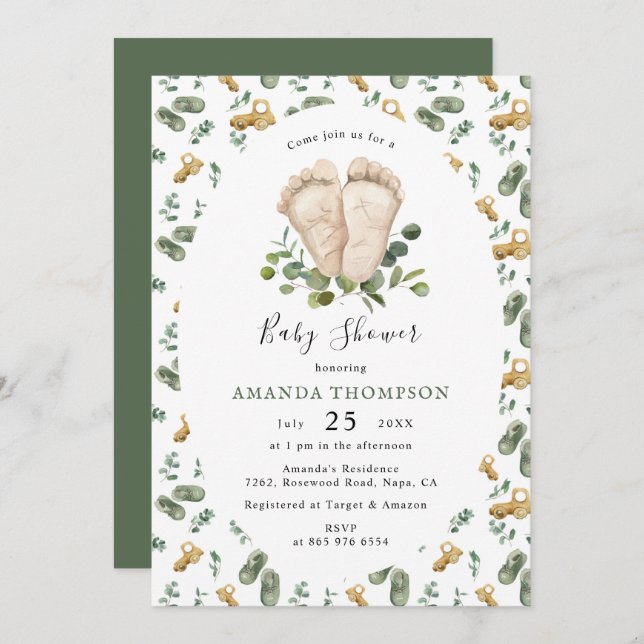 Invitation Baby shower à script Eucalyptus de pieds pour bébé (Devant / Derrière)