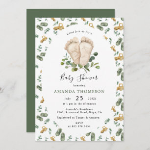 Invitation Baby shower à script Eucalyptus de pieds pour bébé