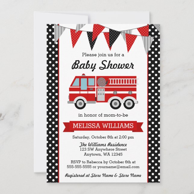 Invitation Baby shower à soute à pots Polka pour camion-feu (Devant)