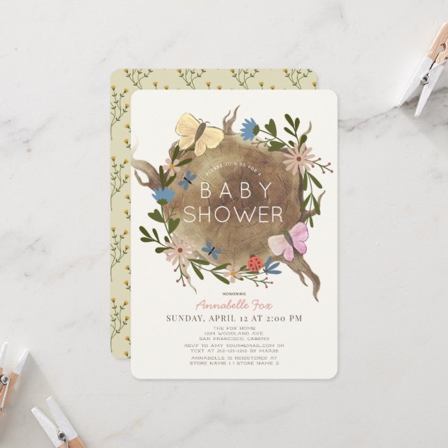 Invitation Baby shower à stump en bois de papillon (Devant/Arrière en situation)