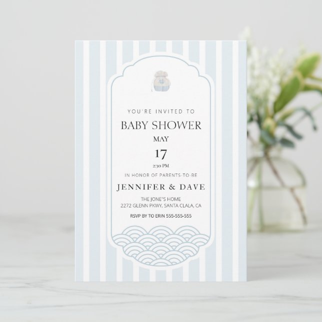 Invitation Baby shower à thème bleu moderne (Debout devant)