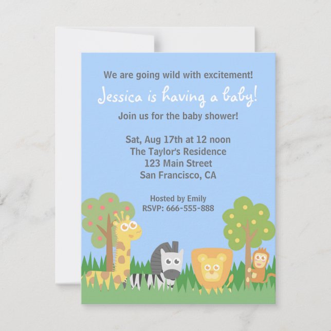 Invitation Baby shower à thème Cute Safari Animaux (Devant)