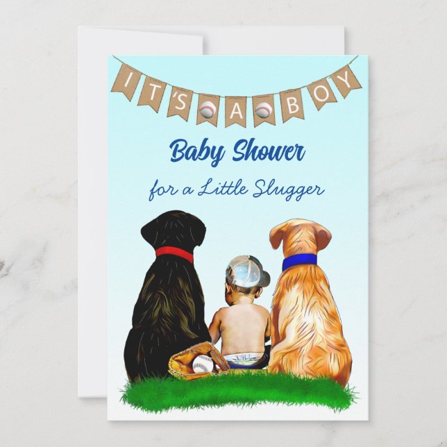 Invitation Baby shower à thème de baseball et de chiens (Devant)