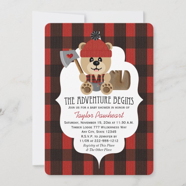 Invitation Baby shower à thème de l'ours de bûcheron (Devant)