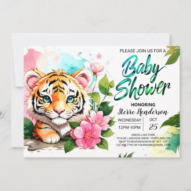 Invitation Baby shower à thème Jungle Vibes Pink Tiger (Devant)