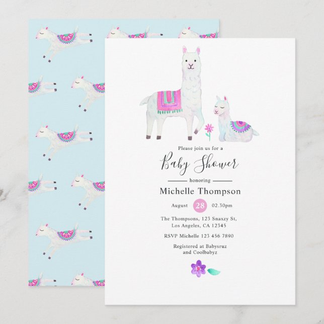 Invitation Baby Shower à thème lama aquarelle mignon (Devant / Derrière)