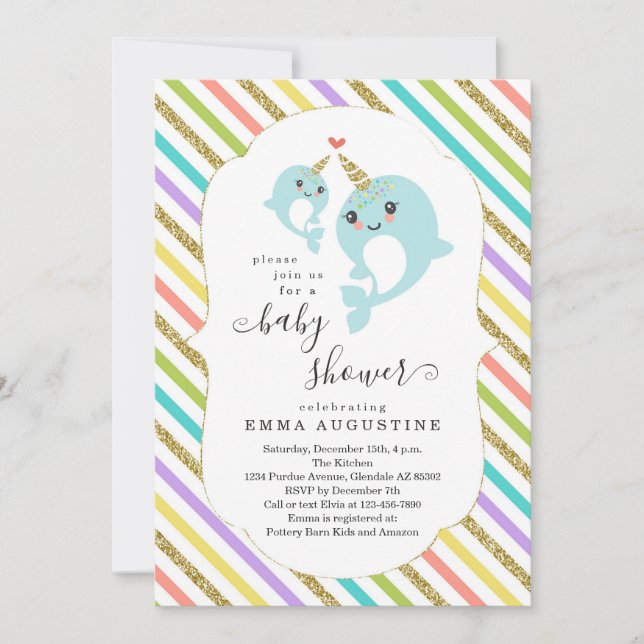 Invitation Baby shower à thème Narwhal personnalisé Unisex (Devant)