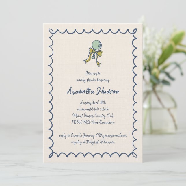 Invitation Baby Shower à thème Navy et Menthe avec hochet et  (Debout devant)
