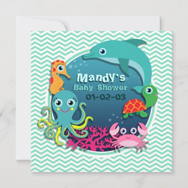 Invitation Baby shower à thème Océan ; Aqua Green Chevron (Devant)