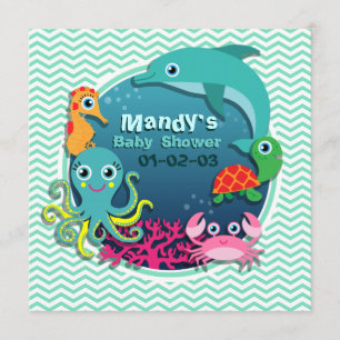 Invitation Baby shower à thème Océan ; Aqua Green Chevron
