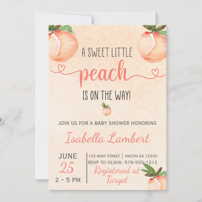 Invitation Baby shower À Thème Peach (Devant)