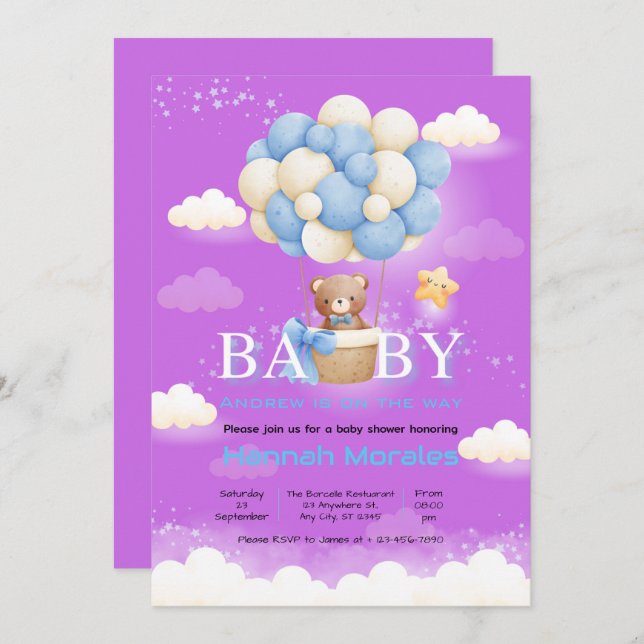 Invitation Baby shower à thème pour bébé ours (Devant / Derrière)