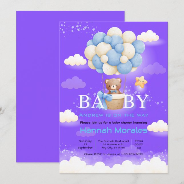 Invitation Baby shower à thème pour bébé ours (Devant / Derrière)