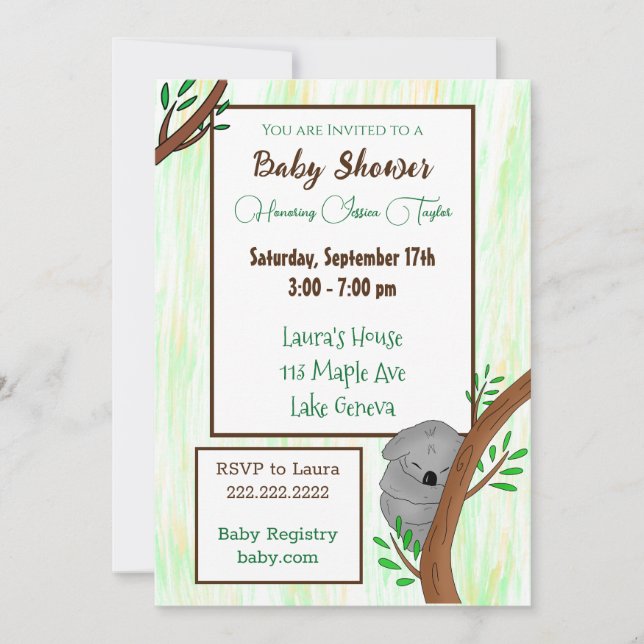 Invitation Baby shower à thème Sleepy Koala (Devant)