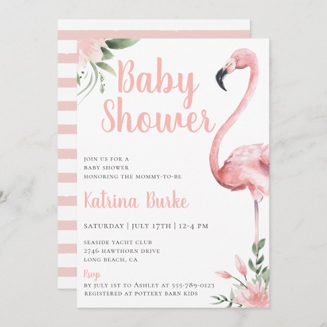 Invitation Baby shower à thème tropical du Flamant rose rose (Devant / Derrière)