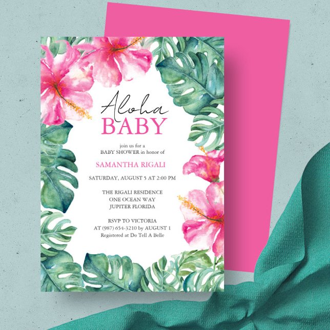 Invitation Baby shower à thème Tropical Luau (Luau baby shower ideas feature hibiscus flower invitation unique art by Victoria Grigaliunas)