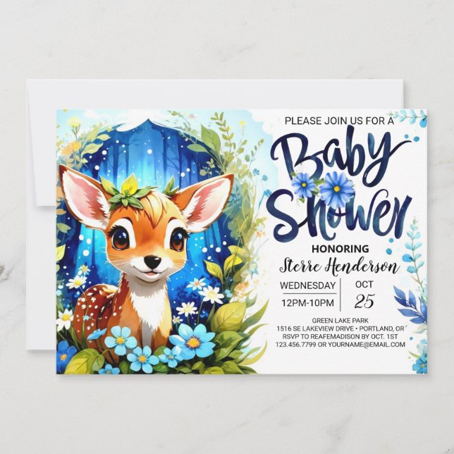 Invitation Baby shower à thème Whimsical Blue Deer (Devant)
