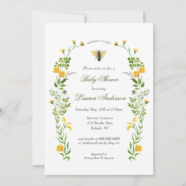 Invitation Baby Shower Abeille et Fleur Sauvage (Devant)