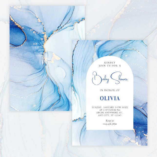 Invitation Baby shower abstrait en marbre bleu (Créateur téléchargé)