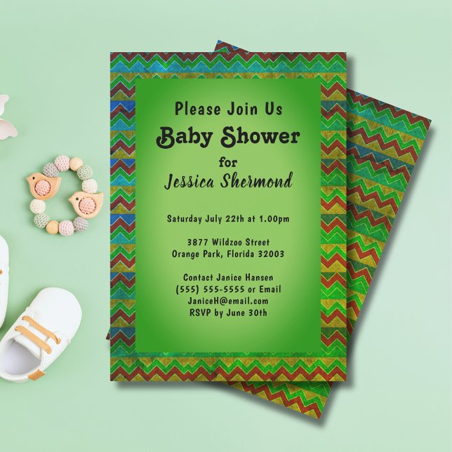 Invitation Baby shower Abstrait tribal Aztec Chevron Green (Aztec Tribal Abstract Baby Shower Chevron Green Invitation)