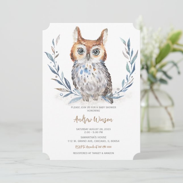 Invitation Baby shower adorable chouette bleue (Debout devant)