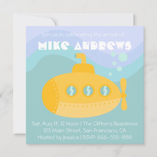 Invitation Baby shower: Adorable sous-marin jaune sous-marin (Devant)