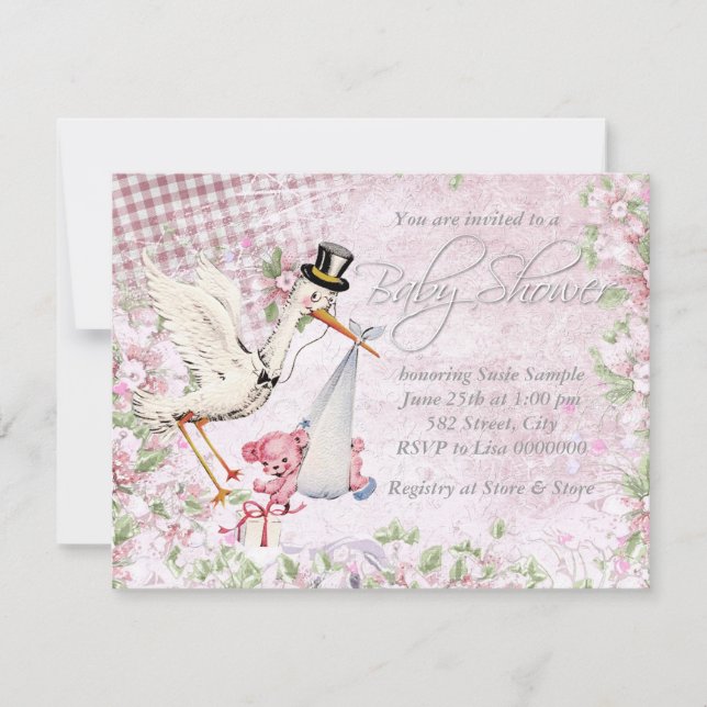 Invitation Baby-Shower Adorable Stork Rose Vintage (Devant)