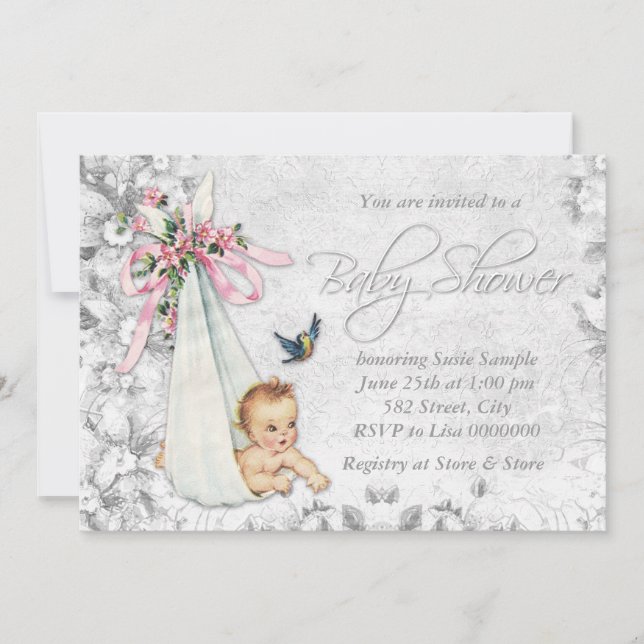 Invitation Baby shower adorable vintage blanc (Devant)