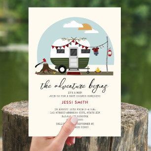 Invitation Baby shower Adventure Green Camper Lumberjack
