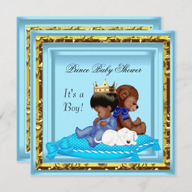 Invitation Baby shower africain américain Blue Gold Boy Princ (Devant / Derrière)