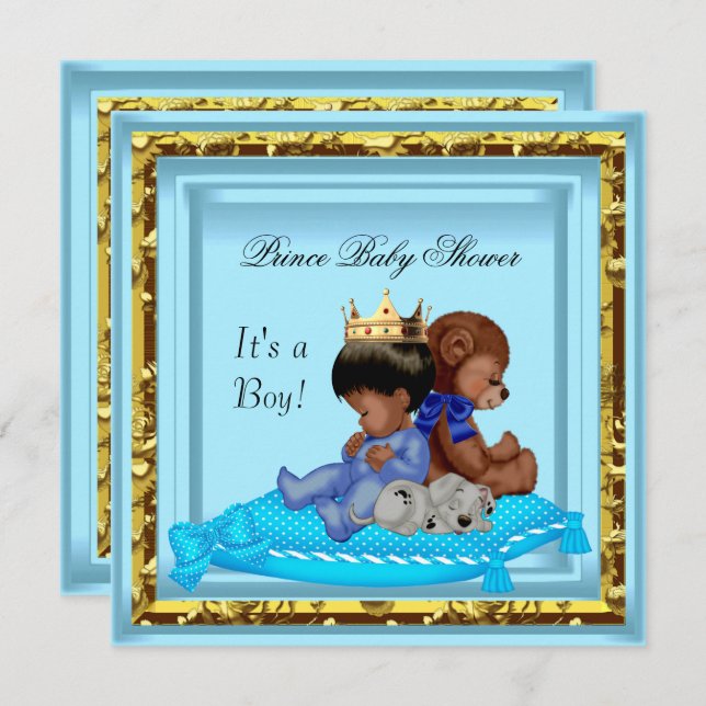Invitation Baby shower africain américain Blue Gold Boy Princ (Devant / Derrière)