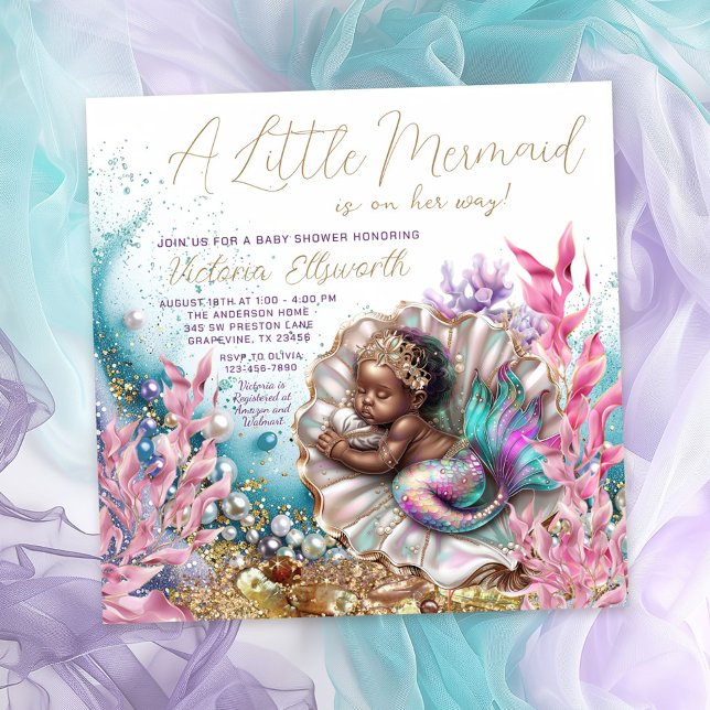 Invitation Baby shower africain-américain en coquille de sirè (Beautiful mermaid baby shower invitation with sweet baby mermaid sleeping in a clamshell.)