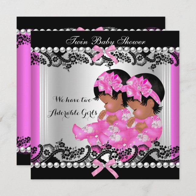 Invitation Baby shower Africain Américain Twin Girls Hot Pink (Devant / Derrière)