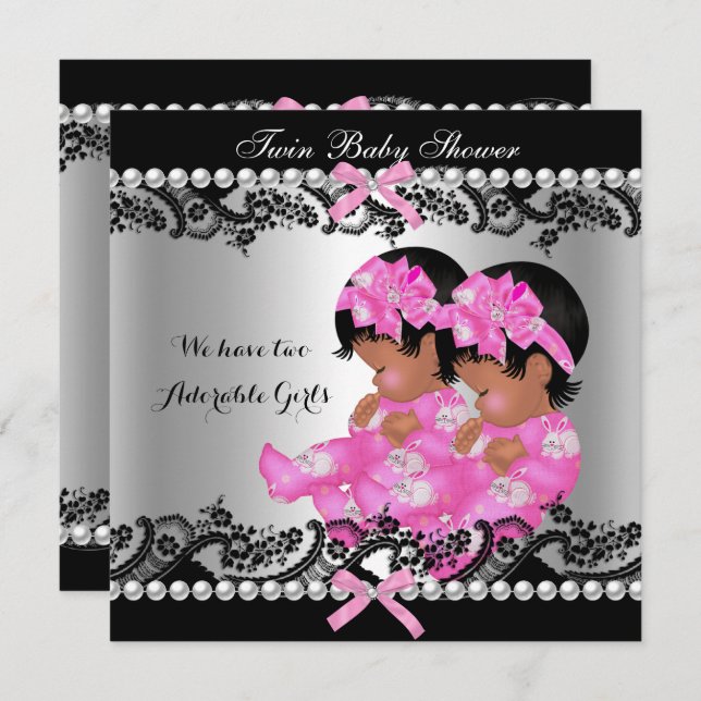 Invitation Baby shower Africain Américain Twin Girls Hot Pink (Devant / Derrière)
