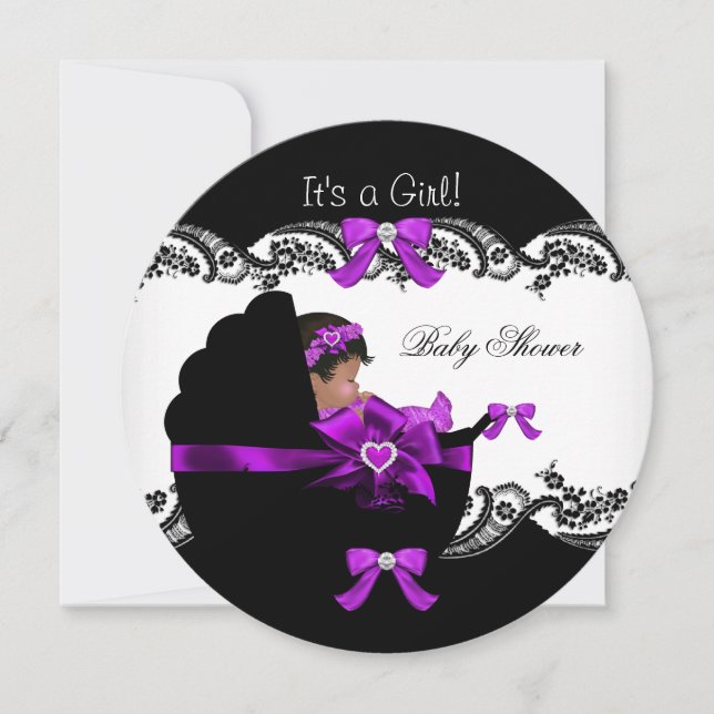 Invitation Baby shower Africaine Américaine Fille Violet Rose (Devant)
