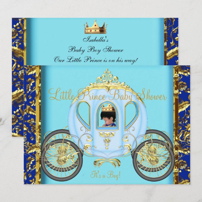 Invitation Baby Shower Afro-Américain Bleu Or Garçon (Devant / Derrière)