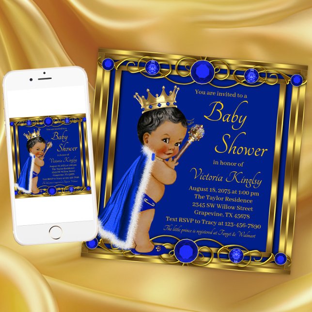 Invitation Baby Shower Afro-Américain Bleu Or Prince (Blue gold prince baby shower invitation. Instant download and printed invitations available.)