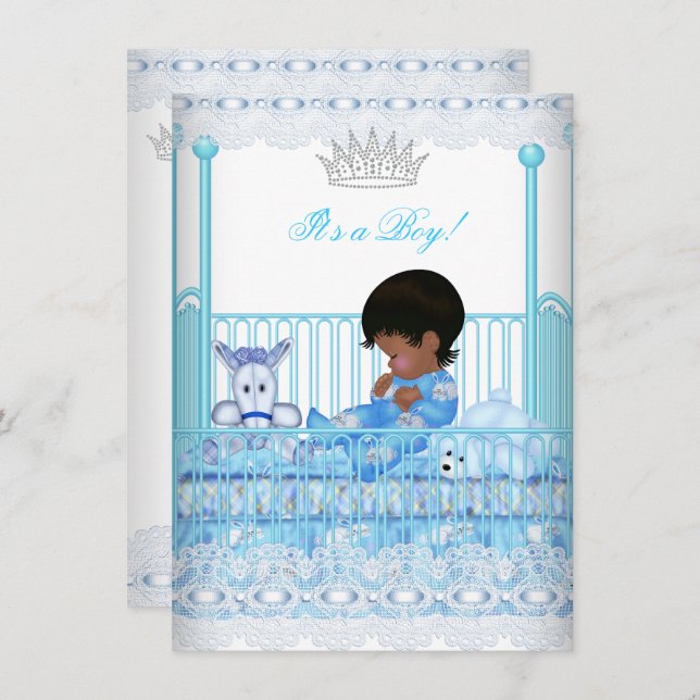 Invitation Baby shower afro-américain Blue Lace Boy Prince (Devant / Derrière)