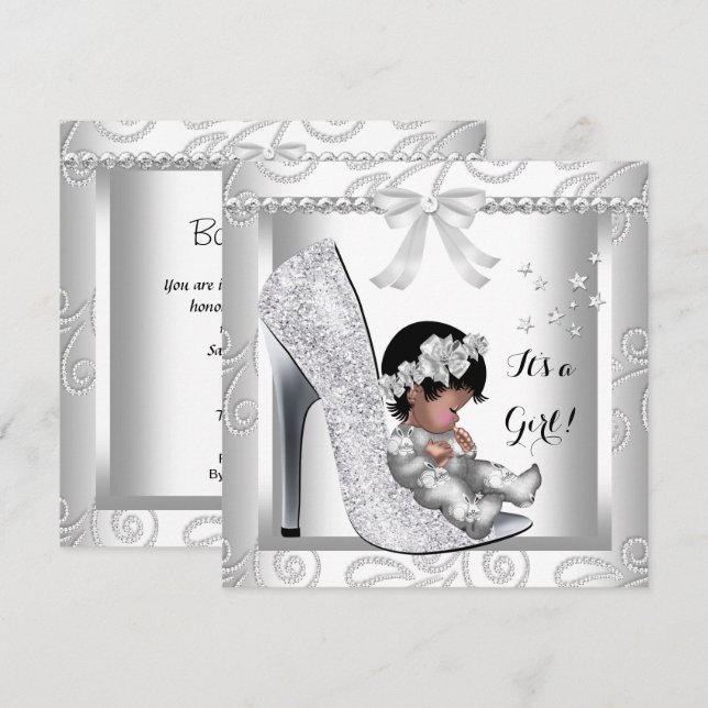 Invitation Baby shower afro-américain fille Gris Chaussure bl (Devant / Derrière)