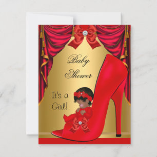 Invitation Baby shower afro-américain fille Red Gold Chaussur
