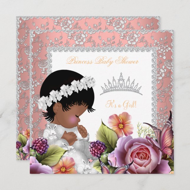 Invitation Baby shower afro-américain fille Rose de corail (Devant / Derrière)