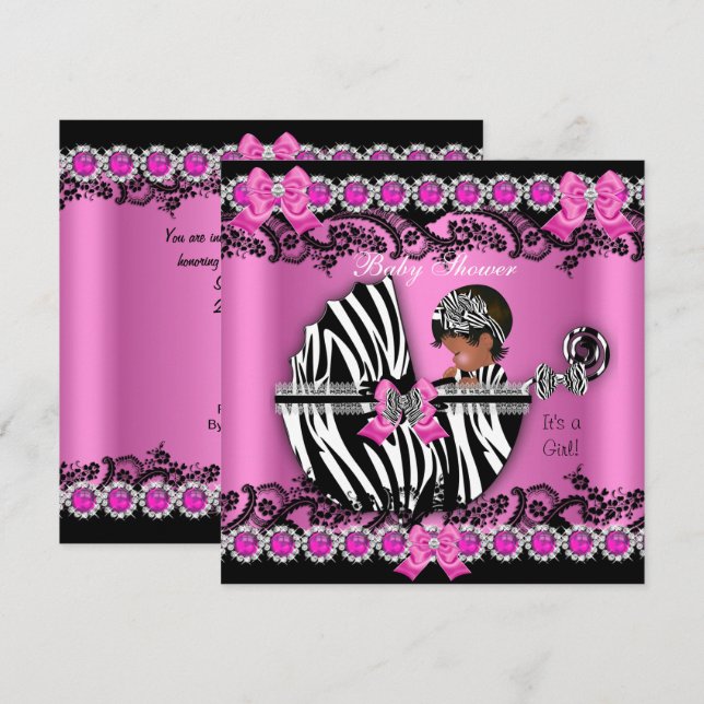 Invitation Baby shower afro-américain fille rose Zebra Pram (Devant / Derrière)