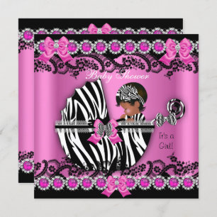 Invitation Baby shower afro-américain fille rose Zebra Pram