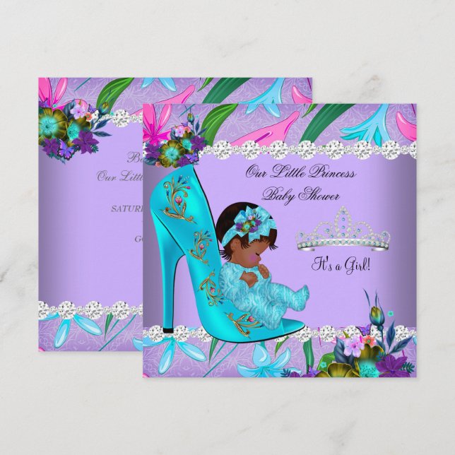 Invitation Baby shower afro-américain fille sarcelle violet (Devant / Derrière)